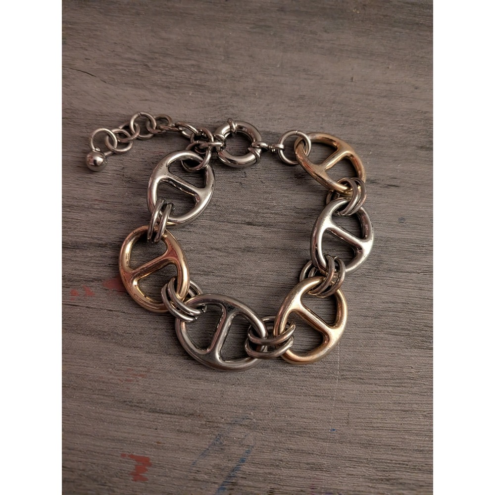 Two Tone Mixed Metal Anchor Link Chain Bracelet Gold Silver Nautical Adjustable